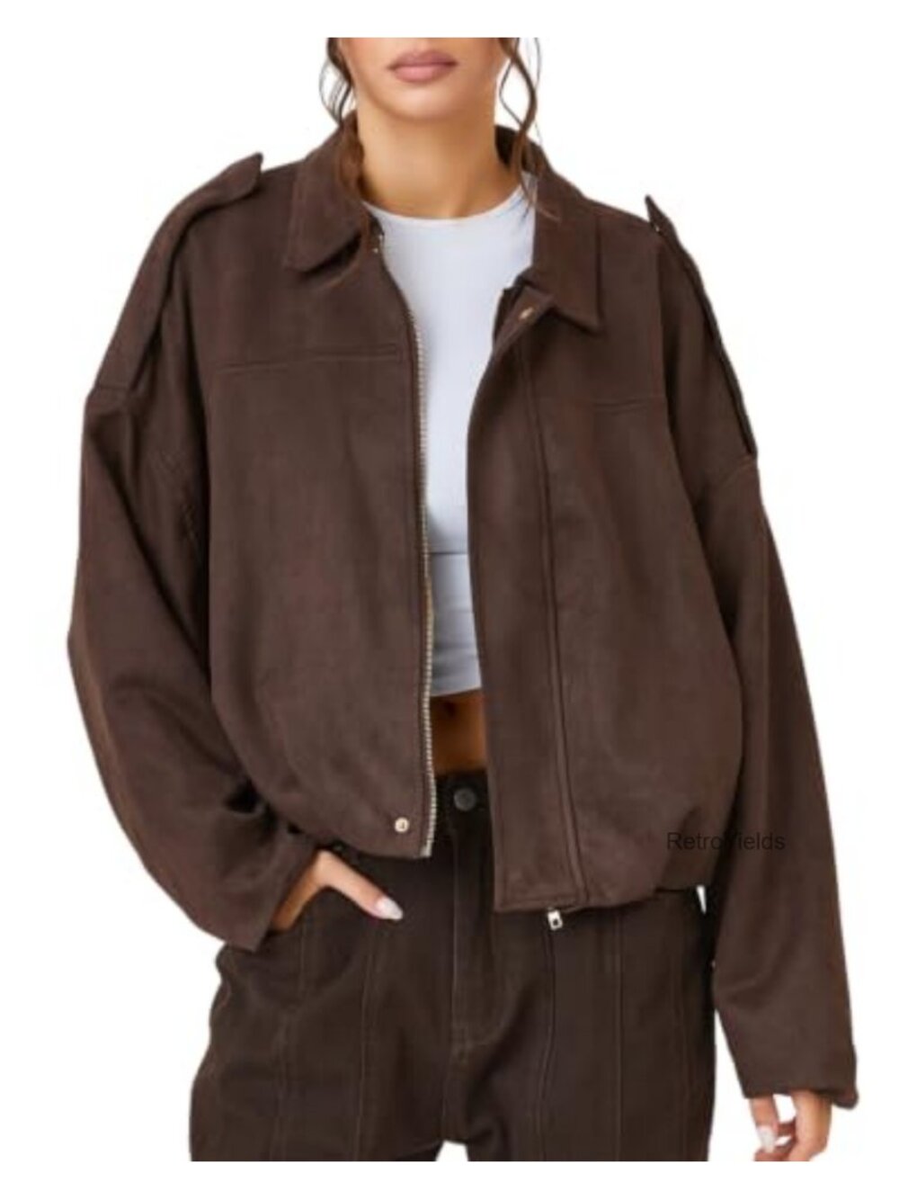 Faux Suede Cropped Bomber Jacket Zip Snap Oversized Y2K Streetwear Coat